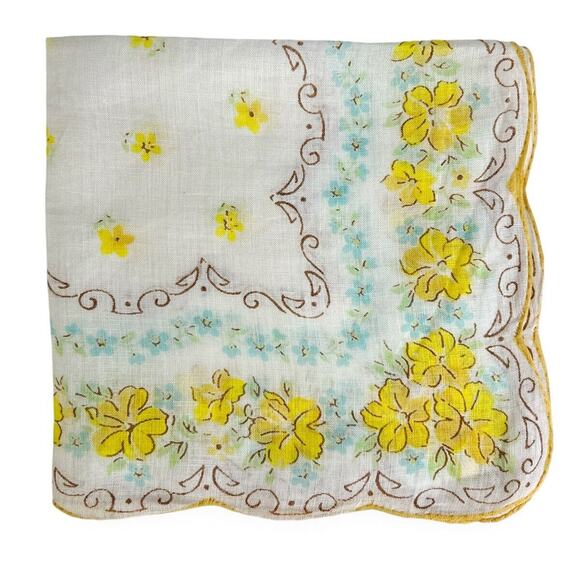 Handkerchief Vintage Floral Print Scalloped Edges Flowers Yellow Blue 12x11.5 - Picture 2 of 5
